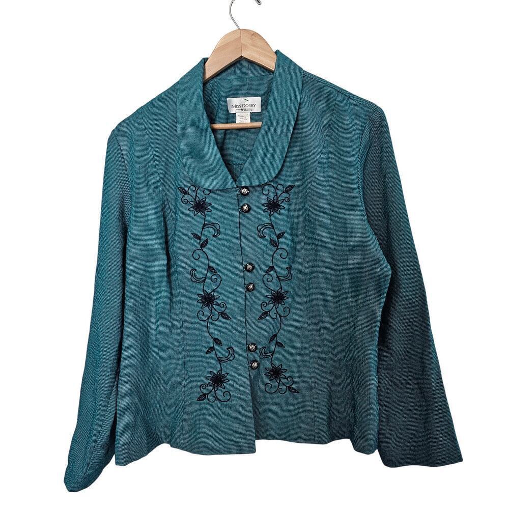 Vintage Miss Dorby Blouse Womens Sz 16P Blue Floral Glam 90s Preppy Academia